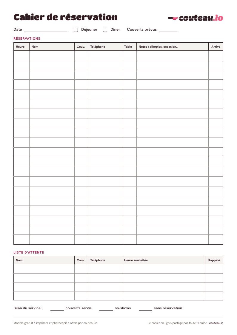 Aperçu du cahier de réservation à imprimer : date et service en haut, tableau des réservations, liste d'attente et bilan du service en bas.
